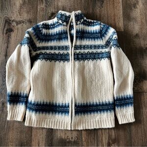 Lands' End Cream and Blue Patterned Cardigan
